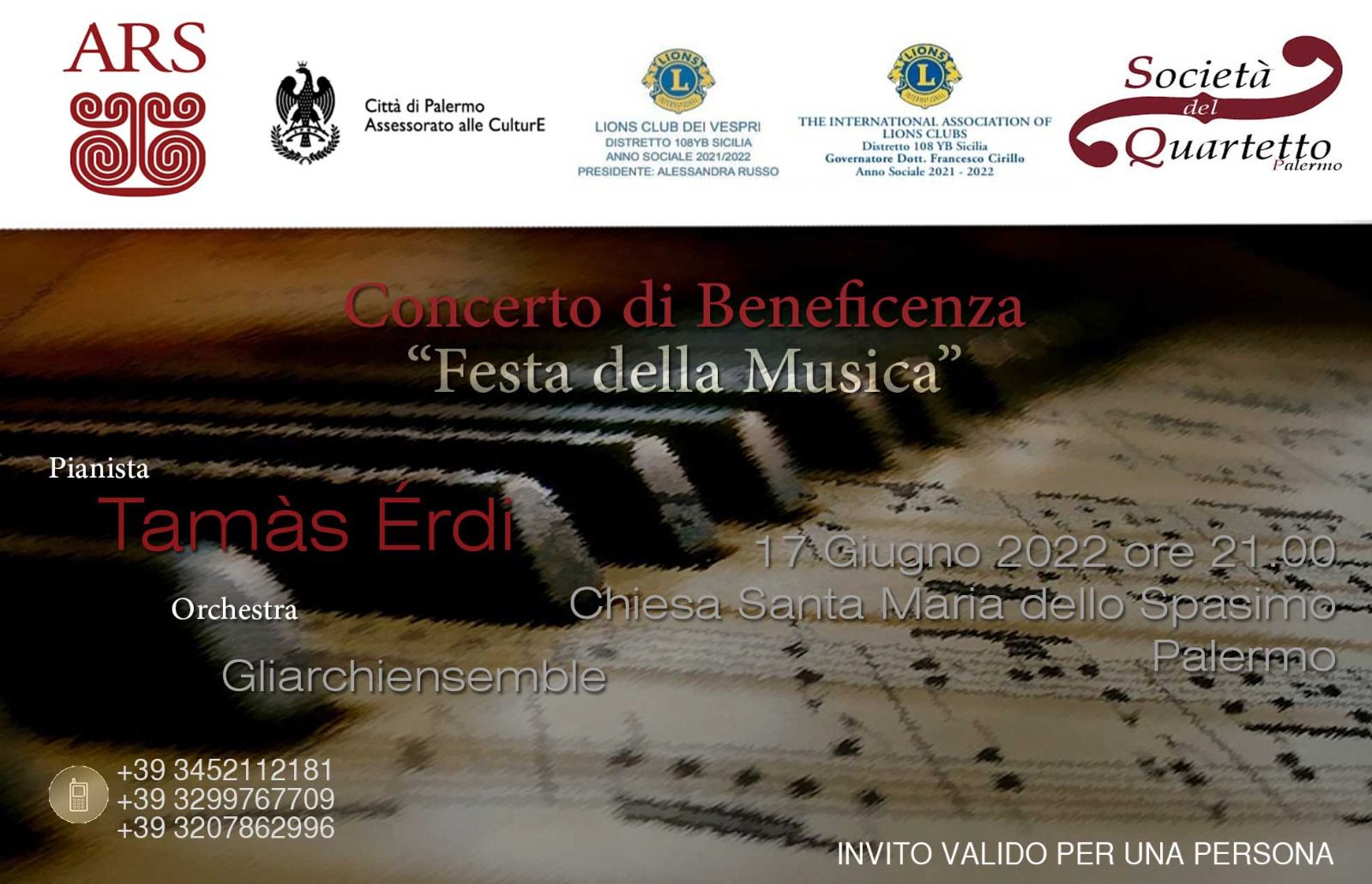 Allo Spasimo il concerto del pianista Tamas Erdi e gli Archiensamble organizzato da I Lions club Palermo dei Vespri